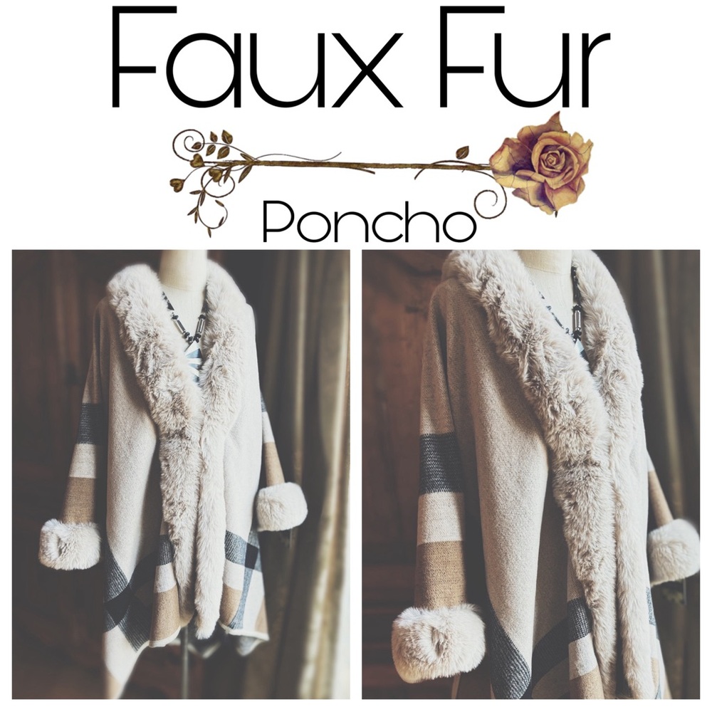 Luxe Faux Fur Trim Plaid Poncho Cape Neutral XL NWT Boutique - Picture 2 of 8